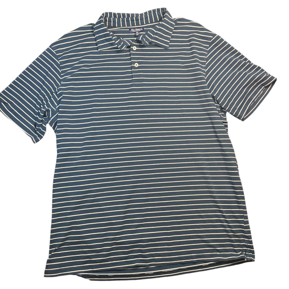 Fish Hippie Co‎ Mens XXL Blue White Striped Short Sleeve Polo Shirt Fish Logo